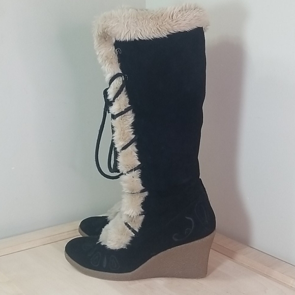 S E Boutique suede fur tall boots w size 8 - Picture 2 of 12